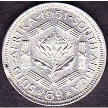 1951 South Africa 6 Pence Silver Coin