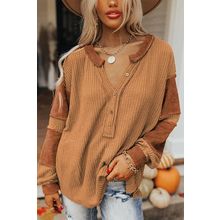 Orange Contrast Patched Exposed Seam Waffle Knit Henley Top
