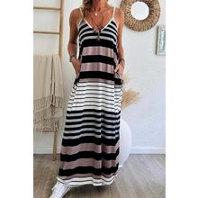 Multicolour Mixed Stripes Spaghetti Straps V Neck Maxi Dress