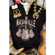 Black Nashville Music City Leopard Guitar Graphic T Shirt