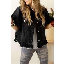 Black Raw Edge Ruffled Short Sleeve Denim Jacket