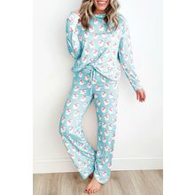 Sky Blue Santa Claus Striped Print Loose Fit Two Piece Lounge Set