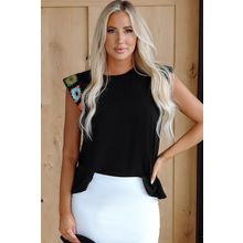 Black Floral Crochet Patched Sleeve Crew Neck Casual Tank Top