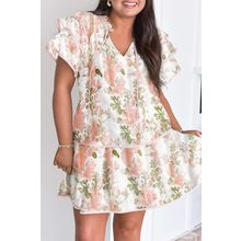 Pink Plus Size Floral Print Striped Detail Short Summer Dress
