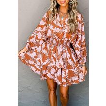 Brown Floral Puff Sleeve Smocked Waist Layered Dress