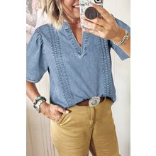 Myosotis Pintuck Pleats Puff Sleeve Split V Neck Summer Denim Top