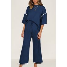 Navy Blue Contrast Trim Half Sleeve Top Drawstring Pants Loose 2pcs Sweater Suit