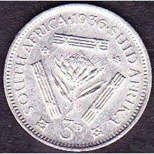1936 South Africa 3 Pence Silver Coin