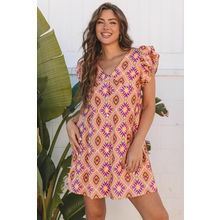 Orange Geometric Floral V Neck Buttoned Ruffled Sleeve Mini Dress