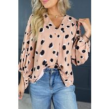 Khaki Classic Leopard V Neck Bracelet Sleeve Blouse