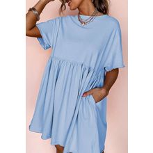 Sky Blue Solid Color Pocketed Raw Edge Babydoll Dress