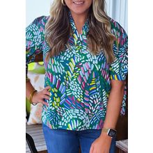 Green Abstract Print Knotted Short Sleeve Plus Size Blouse