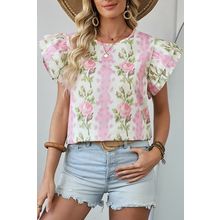Pink Floral Print Ruffled Sleeve Summer Top