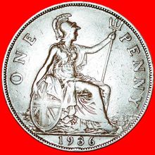 Ⰶ MISTRESS OF SEAS:GREAT BRITAIN★PENNY 1936 GEORGE V (1911-★LOW START★NO RESERVE