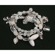 Silver Tone & White Beads Stretch Bracelet