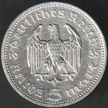 1935 E Germany 5 Reichsmark Silver Coin Hindenburg