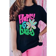 Black Happy GO Lucky Clover Print Crew Neck T Shirt