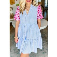 Sky Blue Stripe Contrast Floral Puff Sleeve Tiered Ruffle Dress