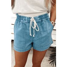 Beau Blue Contrast Drawstring Elastic Waist Denim Shorts
