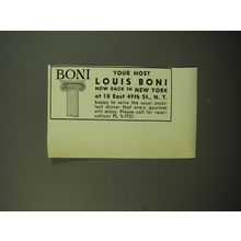 1950 Boni Restaurant Ad - Your host Louis Boni now back in New York