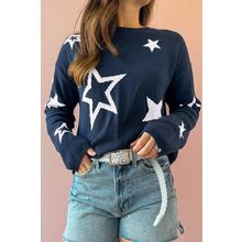Sail Blue Star Pattern Drop Shoulder Knitted Sweater