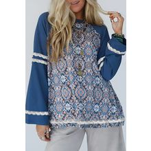 Blue Geometric Printed Lace Patchwork Ric Rac Raglan Long Sleeve Top