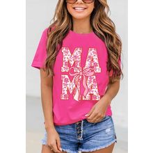 Rose Red Floral MAMA Lettering Bow Print T Shirt
