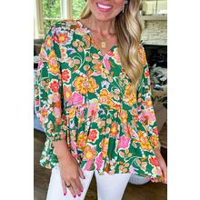 Green Floral Puff Sleeve V Neck Peplum Blouse