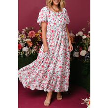 Pink Floral Puff Sleeve Square Neck Empire Waist Tiered Maxi Dress