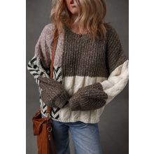 Brown Color Block Patchwork Knotted Back Loose Fit Sweater