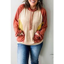 Orange Plus Size Colorblock Raglan Hoodie with Pockets