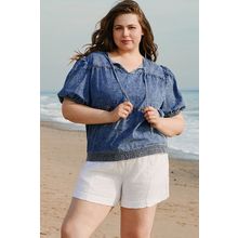 Sail Blue Plus Drawstring V Neck Puff Sleeve Denim Blouse