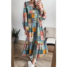 Sky Blue Mix Floral Checkered Pattern Bubble Sleeve Ruffle Hem Dress