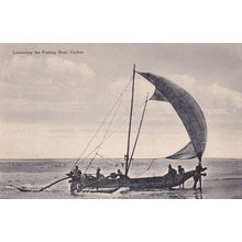 Ceylon Sri Lanka Launching the Fishing Boat Ship Postcard