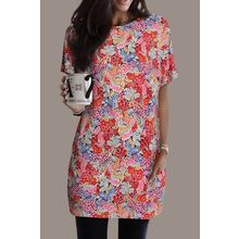Multicolor Boho Flower Print Short Sleeve Tunic Top