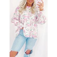 Pink Floral Print Shirred Balloon Sleeve Keyhole Back Babydoll Blouse