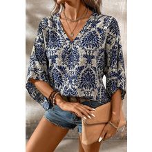 Blue Vintage Flower Tree Quarter Sleeve V Neck Blouse