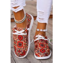Fiery Red Western Printed Lacing Flat Slip On Shoes