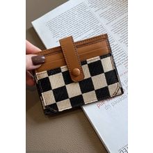 Coffee Leather Checkered Canvas Patchwork Card Storage Wallet
