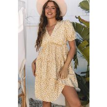 Yellow Floral Short Sleeve V Neck Frilly Tiered Mini Dress