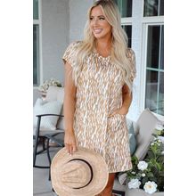 Khaki Abstract Print V Neck Short Sleeve Shift T Shirt Dress