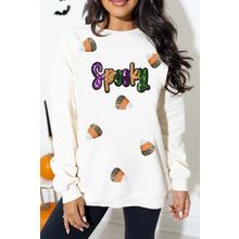 White Sequin Spooky Halloween Spirit Print Casual Sweatshirt
