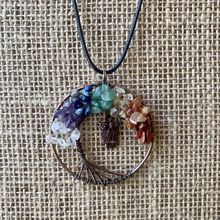 7 Chakra Stone Crystal Tree of Life Wire Wrapped Pendant Necklace w Copper Owl