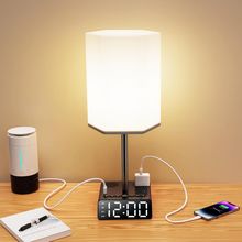 BTU Table Lamp with USB Ports and AC Power Outlets, Bedside Lamp with Alarm Cloc