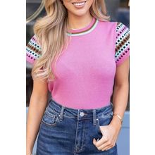 Bright Pink Contrast Printed Cap Sleeves Crewneck Sweater