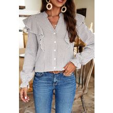 Brown Plaid Flounce Sleeve Notched Neck Ruffled Shirt
