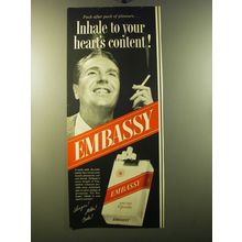 1950 Embassy Cigarettes Ad - Inhale to your heart's content