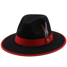 New Men’s Black & Red Fedora Wool Feather Dress Hat (Size 56-58CM)