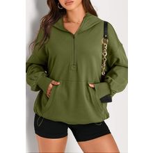 Moss Green Solid Kangaroo Pocket Half Zipper Oversized Hoodie