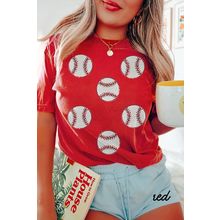 Red Glittering Rugby Pattern Crew Neck Game Day T Shirt